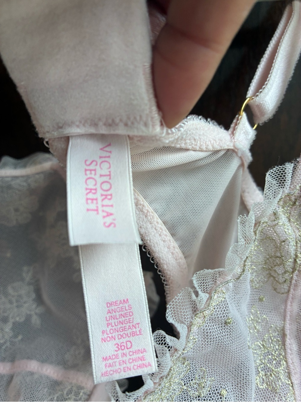 Victoria’s Secret Dream Angels Unlined Plunge Bra Pink Gold Lace 36D - Picture 3 of 6
